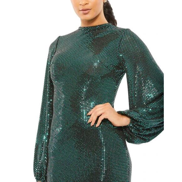 New Mac Duggal Leena Gown 6 Green Sequins Disco Stretch Blouson Sleeve 26576 - Picture 5 of 13